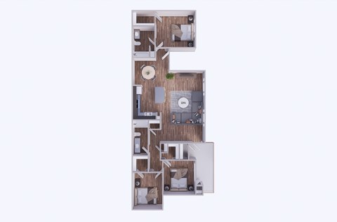 A top down view of a house with a living room, kitchen, and two bedrooms.